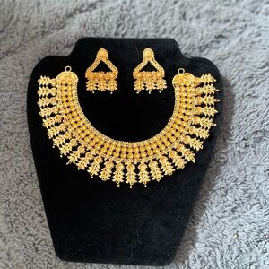 Gold-Tone Ornate Choker Necklace with Matching Earrings